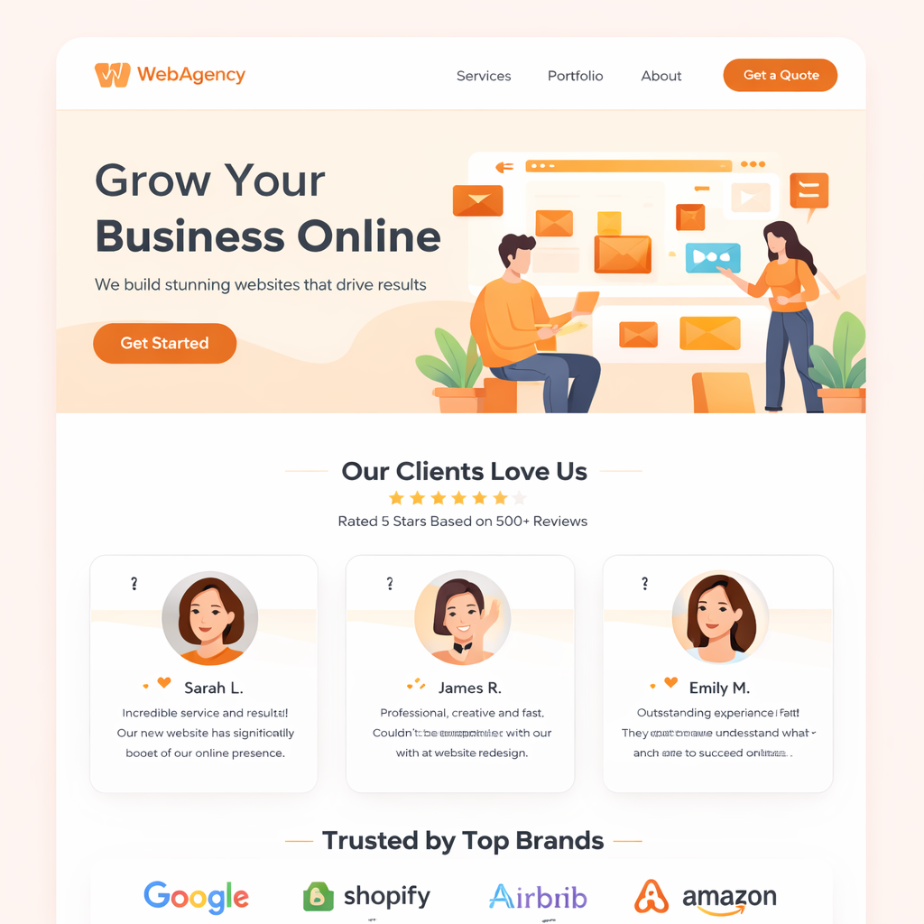 Homepage mock with testimonials and trust badges