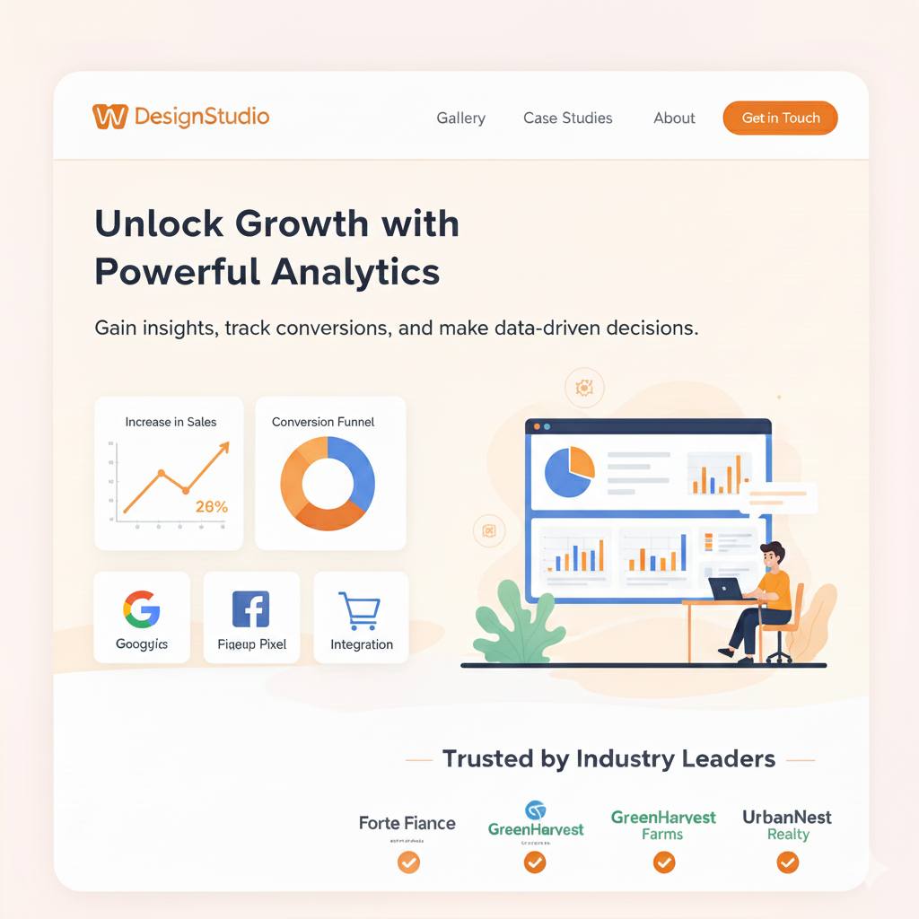 Analytics dashboard mock with conversion charts and integration icons
