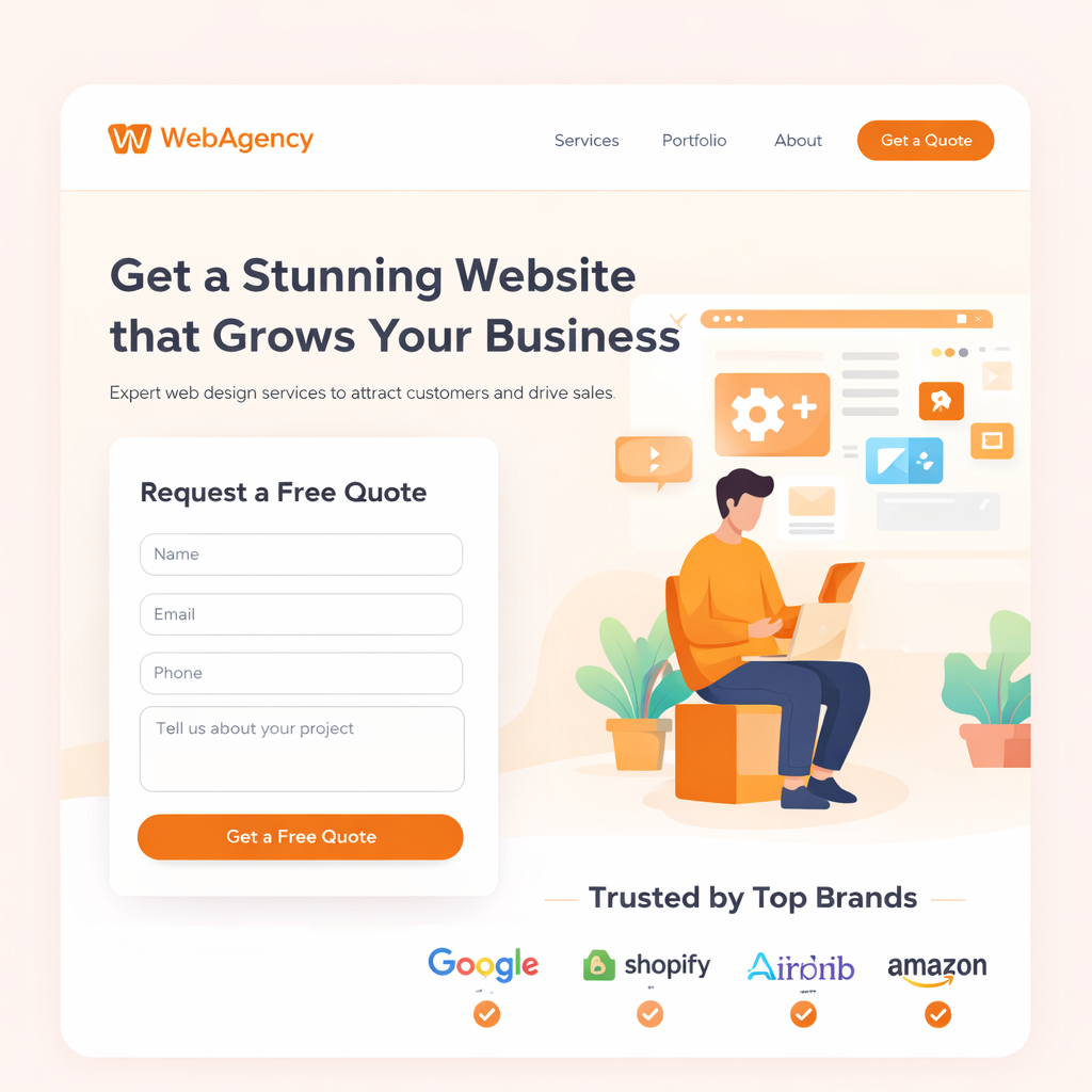 Landing page mock with a lead form and primary CTA button