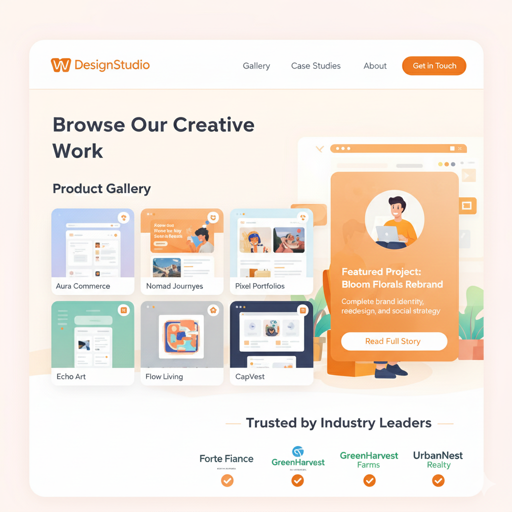 Product gallery mock with featured case study tile